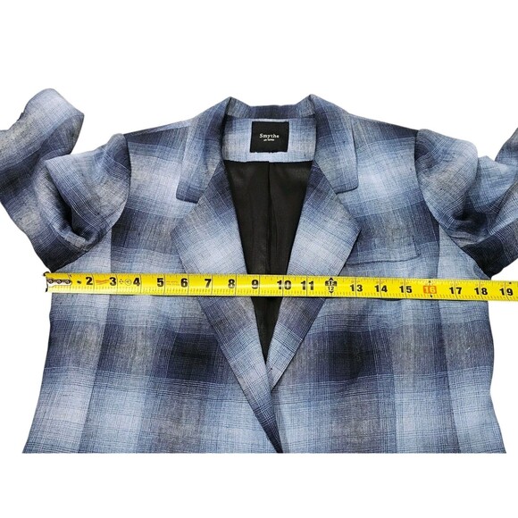 Smythe Blazer 100% Linen Shadow Plaid Tartan Blue Black Half Sleeve Pockets - Picture 9 of 16
